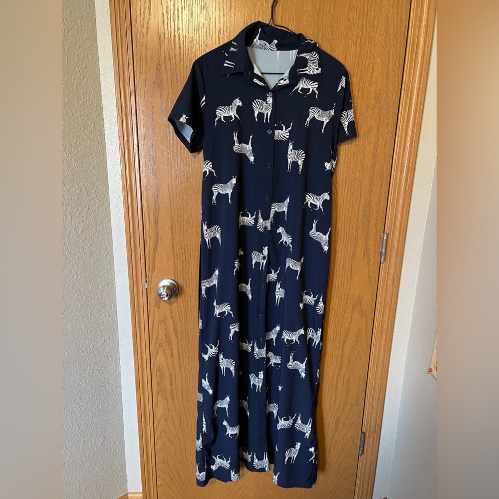 Navy Button-Front Maxi Dress with White Zebra Print